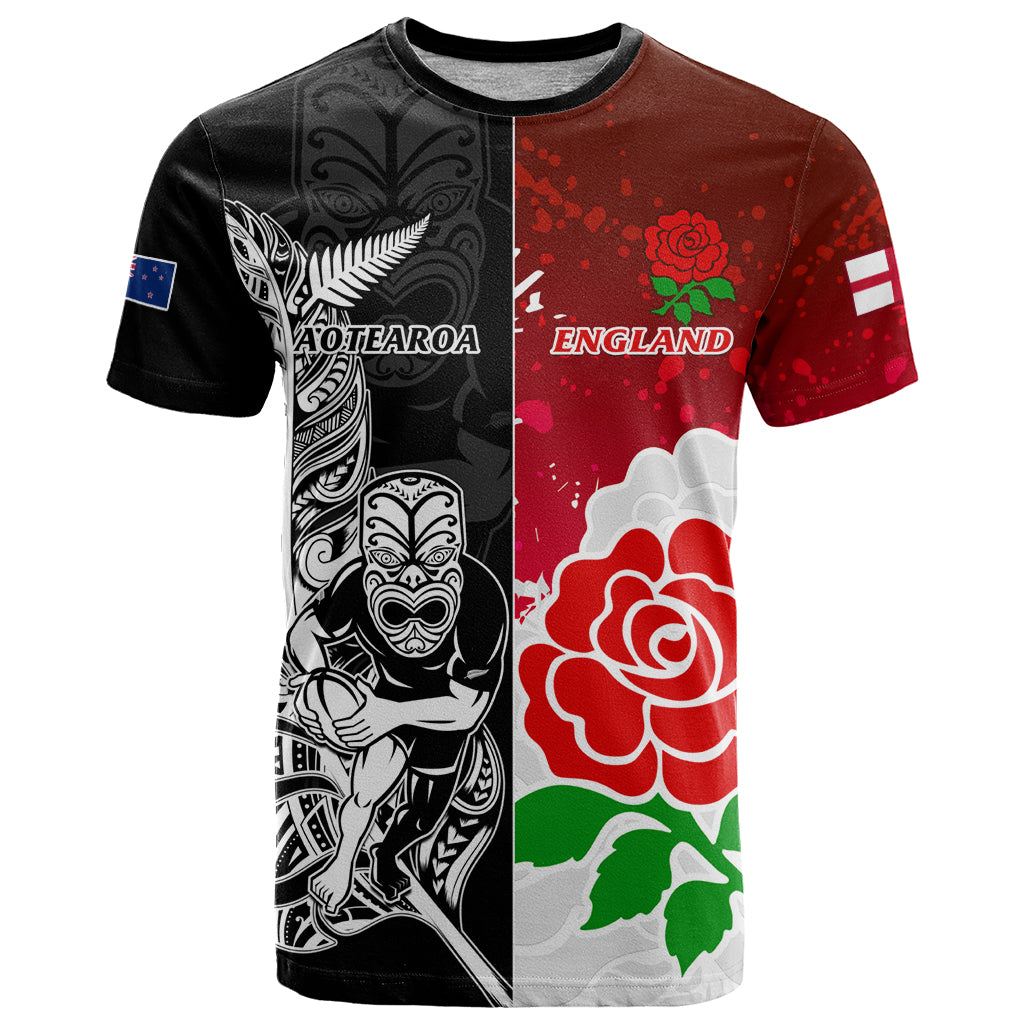 Custom New Zealand And England Rugby T Shirt 2023 World Cup All Black Combine Red Roses - Vibe Hoodie Shop