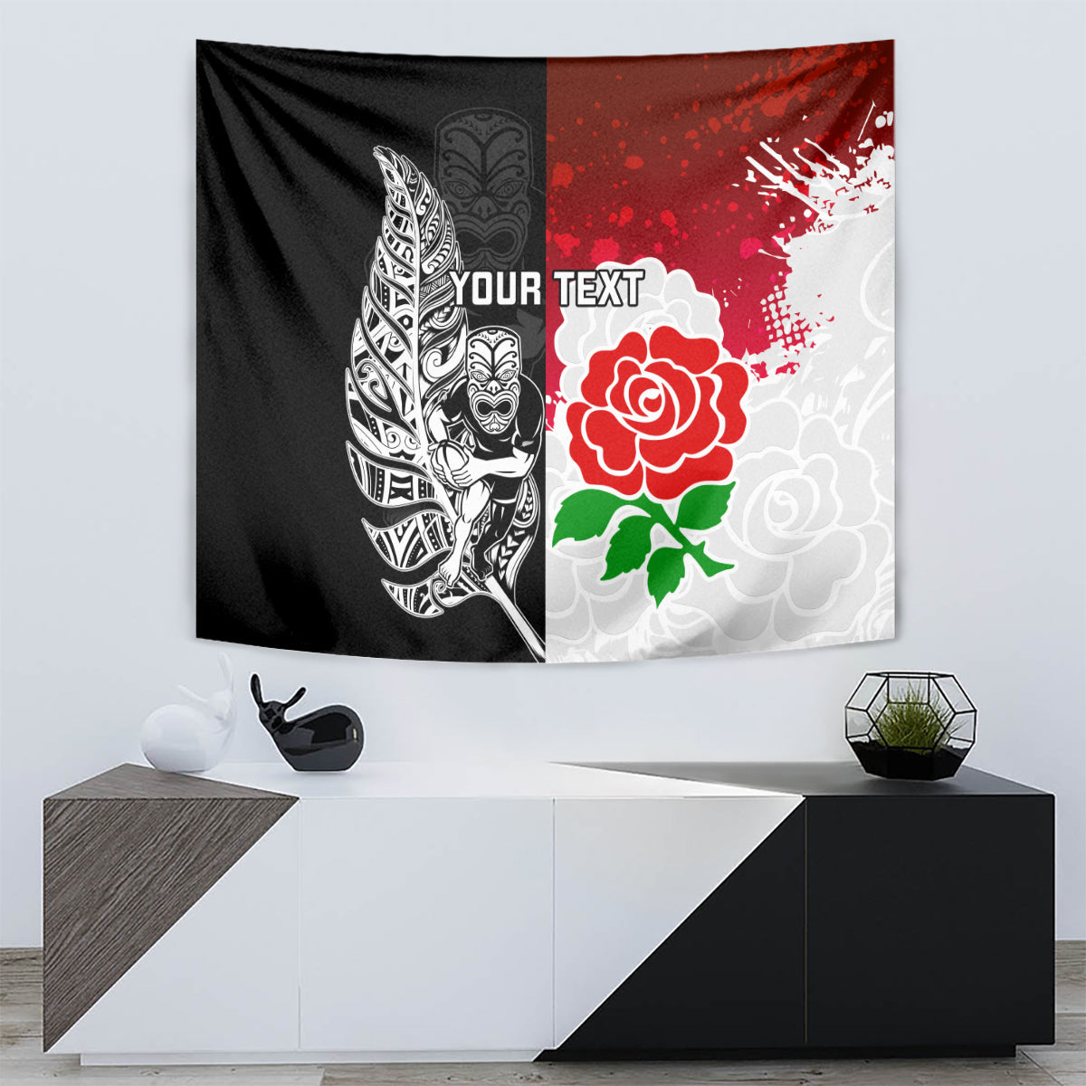 Custom New Zealand And England Rugby Tapestry 2023 World Cup All Black Combine Red Roses - Vibe Hoodie Shop