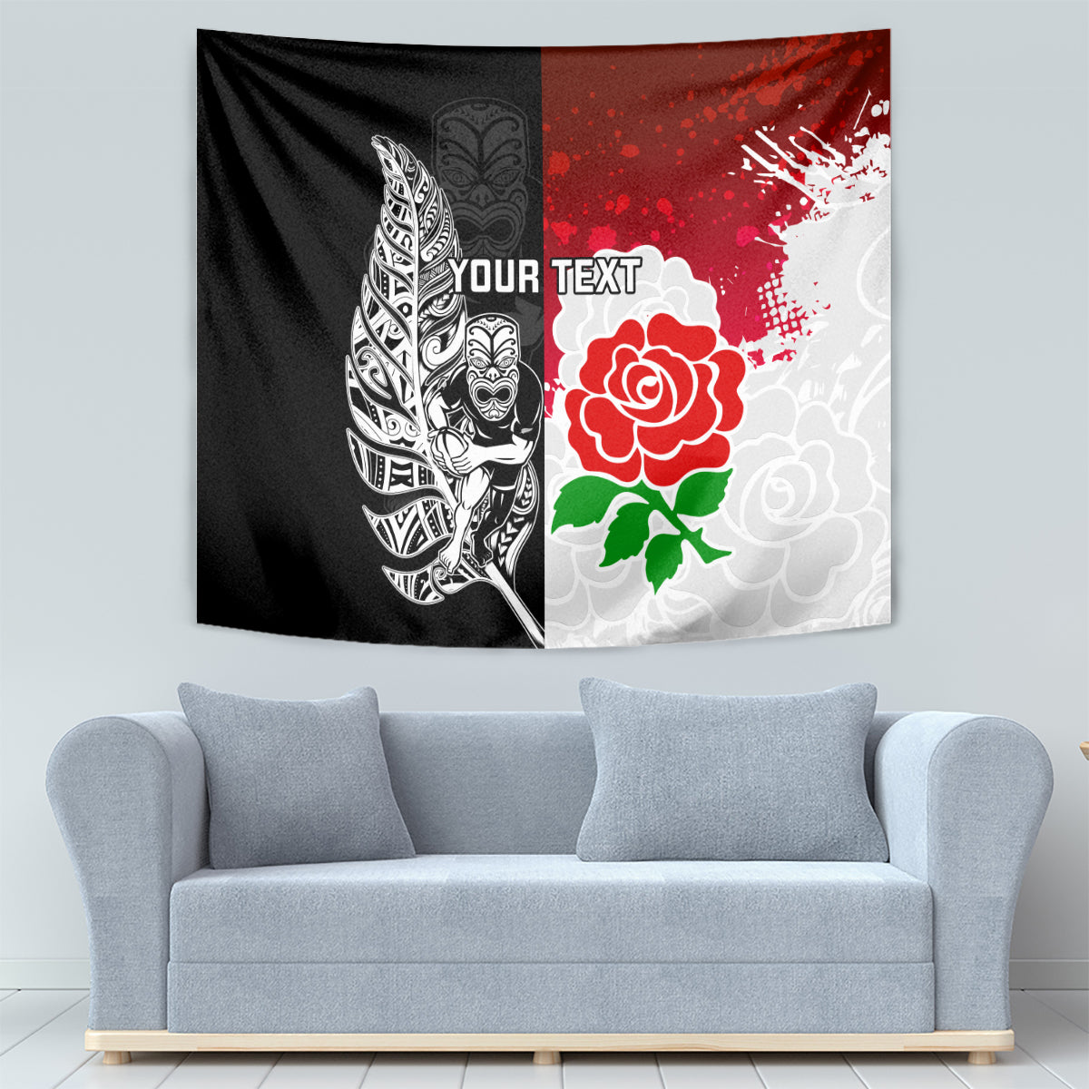 Custom New Zealand And England Rugby Tapestry 2023 World Cup All Black Combine Red Roses - Vibe Hoodie Shop