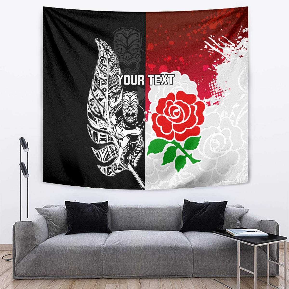 Custom New Zealand And England Rugby Tapestry 2023 World Cup All Black Combine Red Roses - Vibe Hoodie Shop