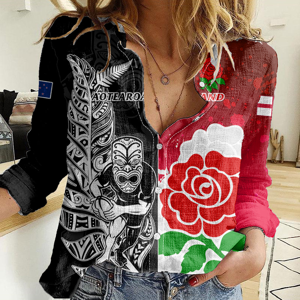 Custom New Zealand And England Rugby Women Casual Shirt 2023 World Cup All Black Combine Red Roses - Vibe Hoodie Shop