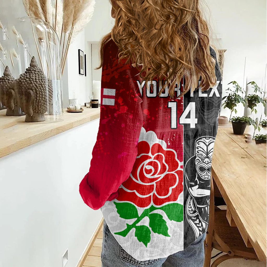 Custom New Zealand And England Rugby Women Casual Shirt 2023 World Cup All Black Combine Red Roses - Vibe Hoodie Shop