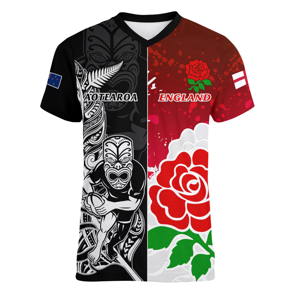 Custom New Zealand And England Rugby Women V Neck T Shirt 2023 World Cup All Black Combine Red Roses - Vibe Hoodie Shop