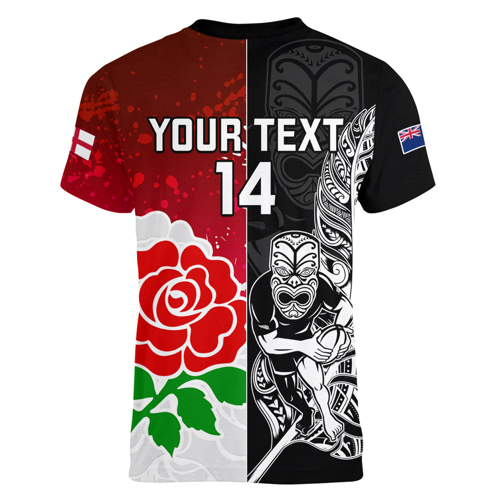 Custom New Zealand And England Rugby Women V Neck T Shirt 2023 World Cup All Black Combine Red Roses - Vibe Hoodie Shop