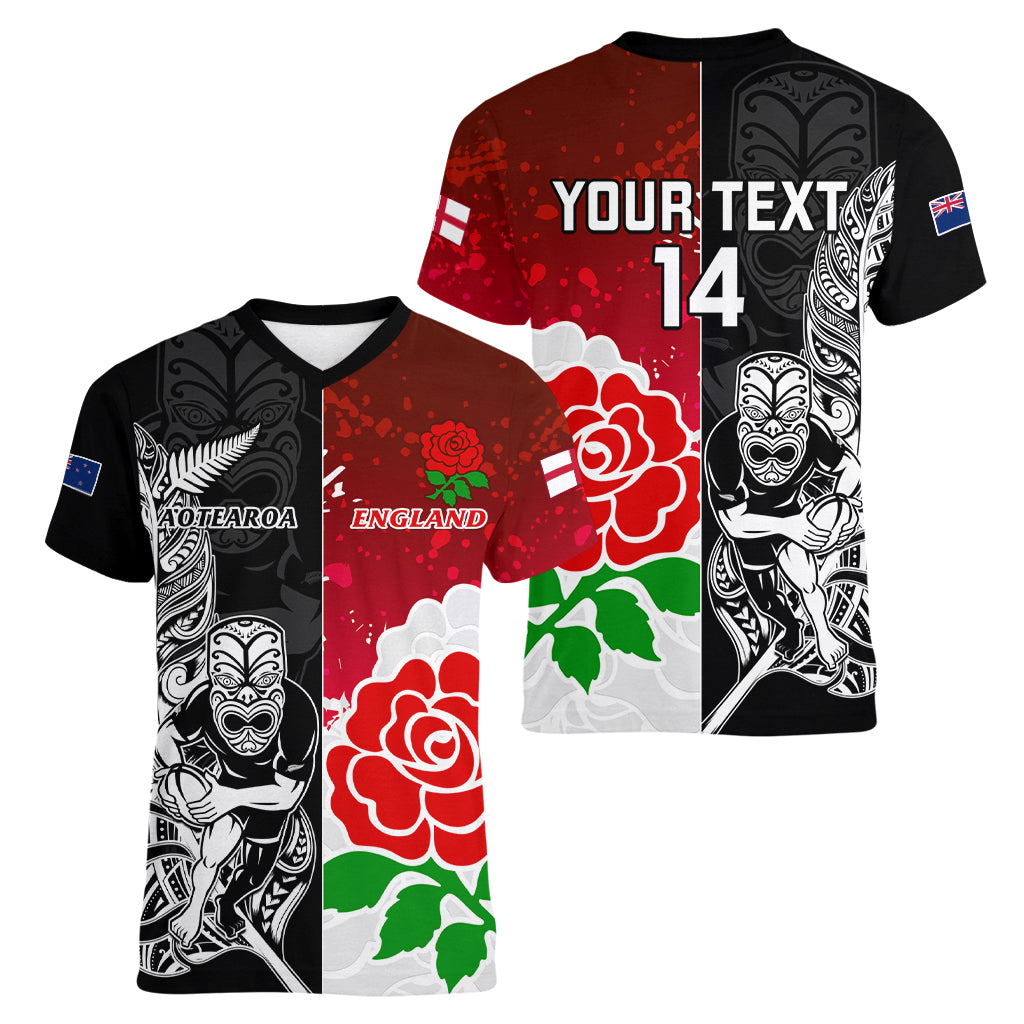 Custom New Zealand And England Rugby Women V Neck T Shirt 2023 World Cup All Black Combine Red Roses - Vibe Hoodie Shop