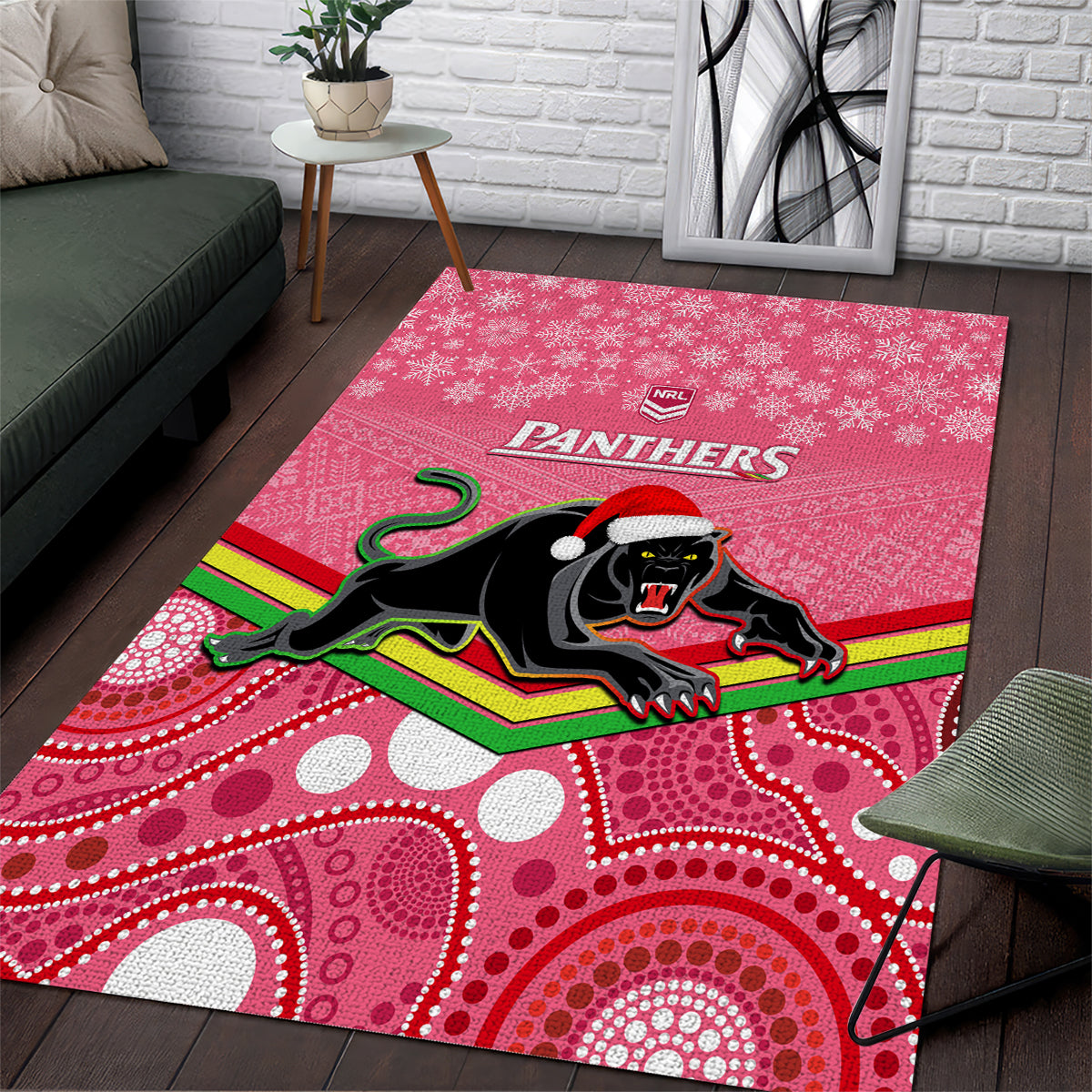 Panthers Rugby Christmas Area Rug Merry Xmas 2023 Mix Aboriginal Art Pink Version - Vibe Hoodie Shop