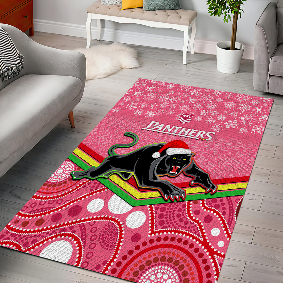 Panthers Rugby Christmas Area Rug Merry Xmas 2023 Mix Aboriginal Art Pink Version - Vibe Hoodie Shop