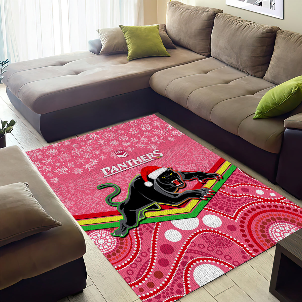 Panthers Rugby Christmas Area Rug Merry Xmas 2023 Mix Aboriginal Art Pink Version - Vibe Hoodie Shop