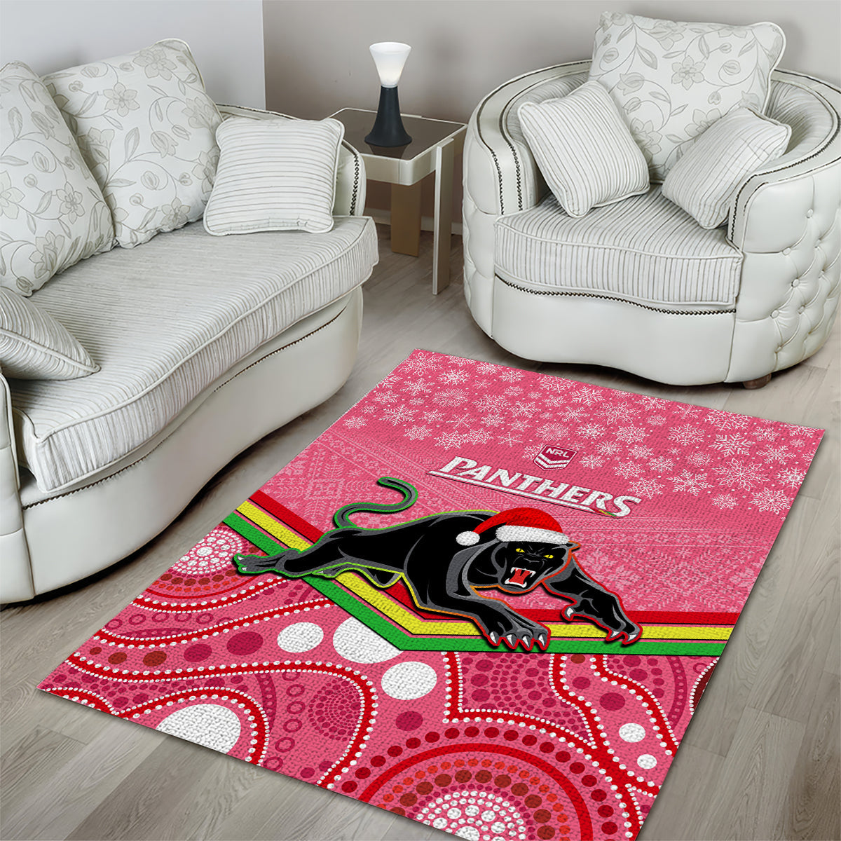 Panthers Rugby Christmas Area Rug Merry Xmas 2023 Mix Aboriginal Art Pink Version - Vibe Hoodie Shop