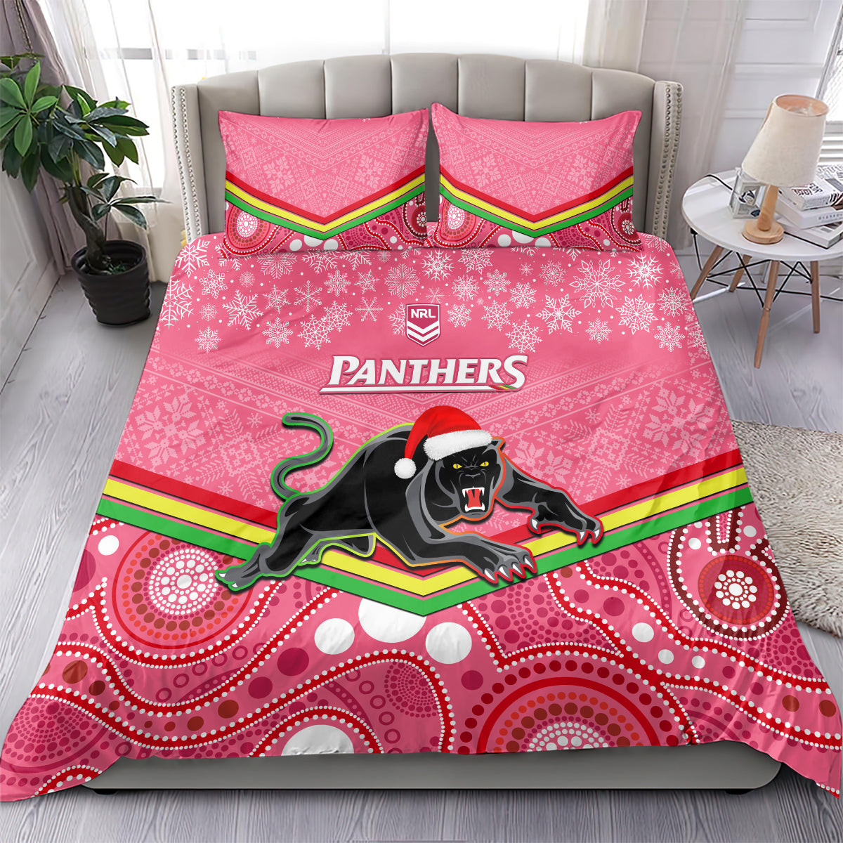 Panthers Rugby Christmas Bedding Set Merry Xmas 2023 Mix Aboriginal Art Pink Version - Vibe Hoodie Shop