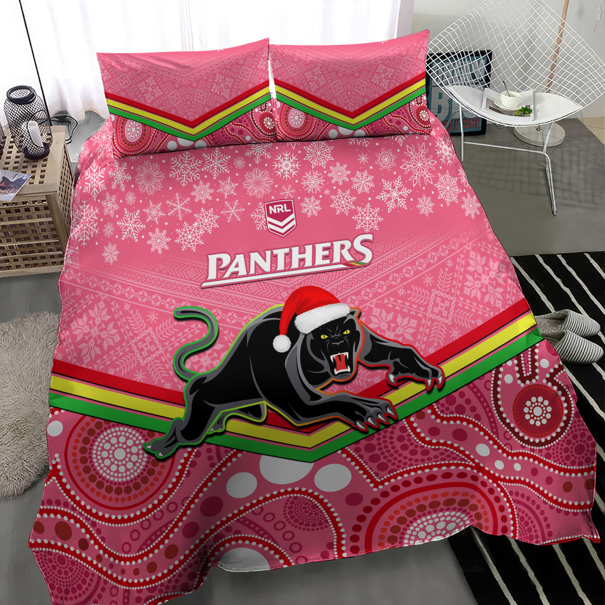 Panthers Rugby Christmas Bedding Set Merry Xmas 2023 Mix Aboriginal Art Pink Version - Vibe Hoodie Shop