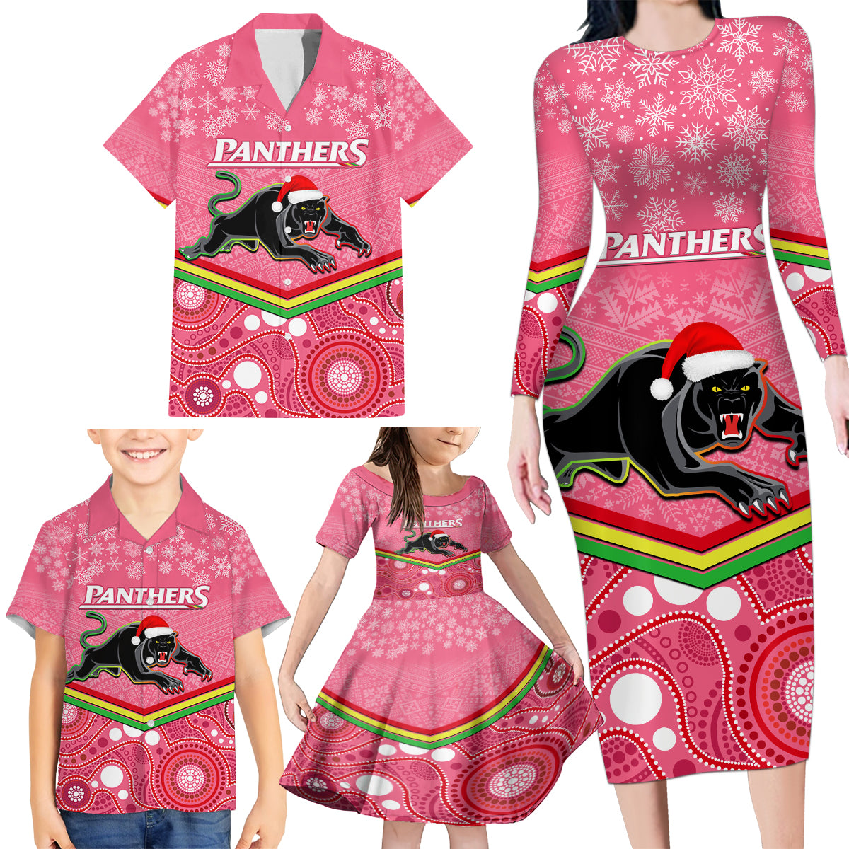 custom-panthers-rugby-christmas-family-matching-long-sleeve-bodycon-dress-and-hawaiian-shirt-merry-xmas-2023-mix-aboriginal-art-pink-version