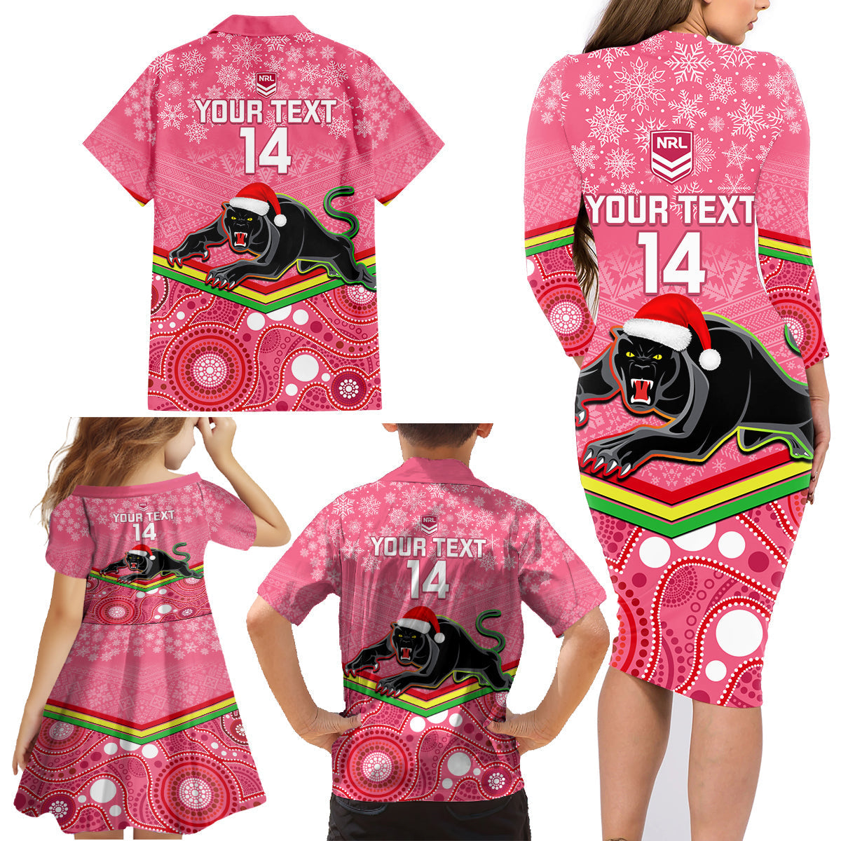 custom-panthers-rugby-christmas-family-matching-long-sleeve-bodycon-dress-and-hawaiian-shirt-merry-xmas-2023-mix-aboriginal-art-pink-version