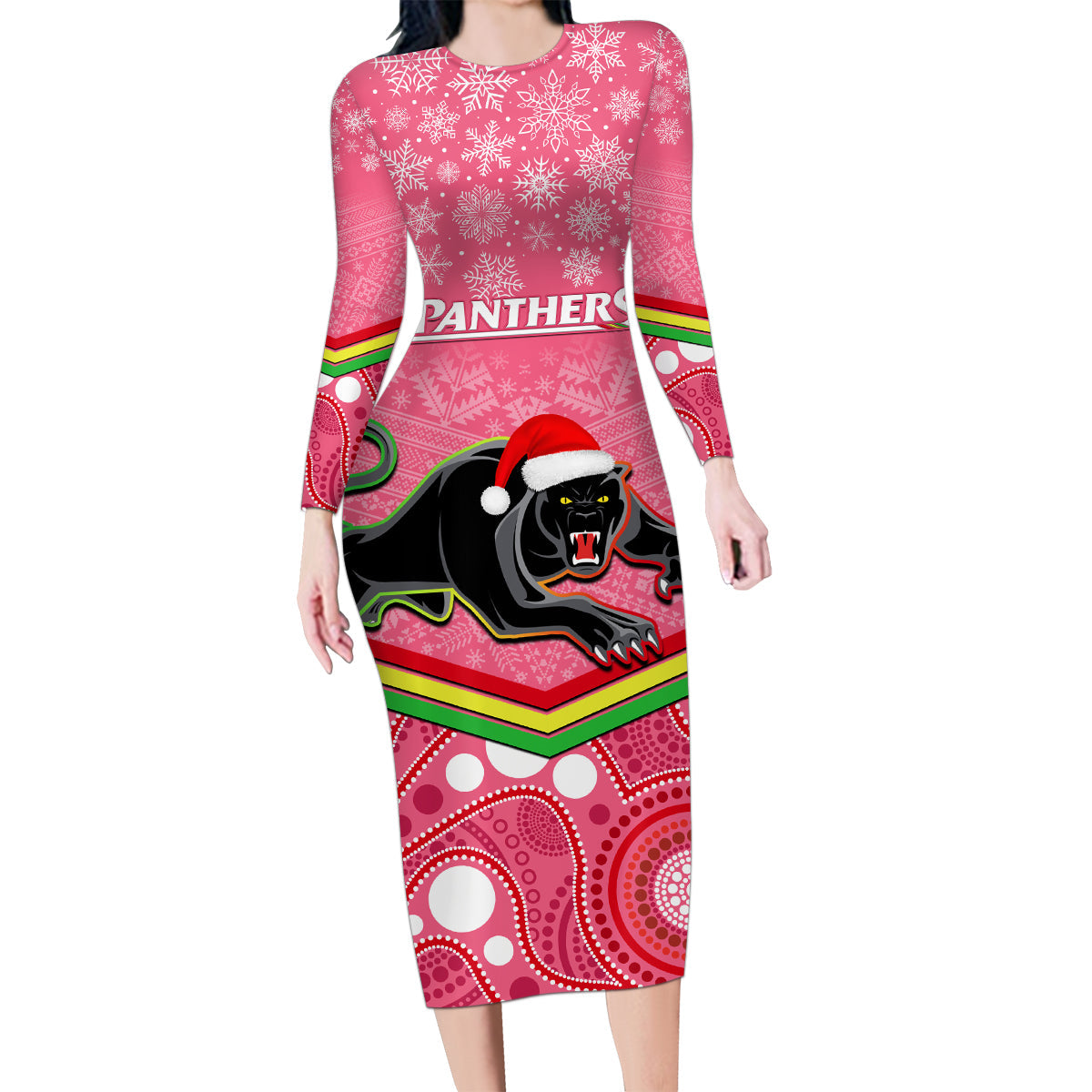 custom-panthers-rugby-christmas-family-matching-long-sleeve-bodycon-dress-and-hawaiian-shirt-merry-xmas-2023-mix-aboriginal-art-pink-version