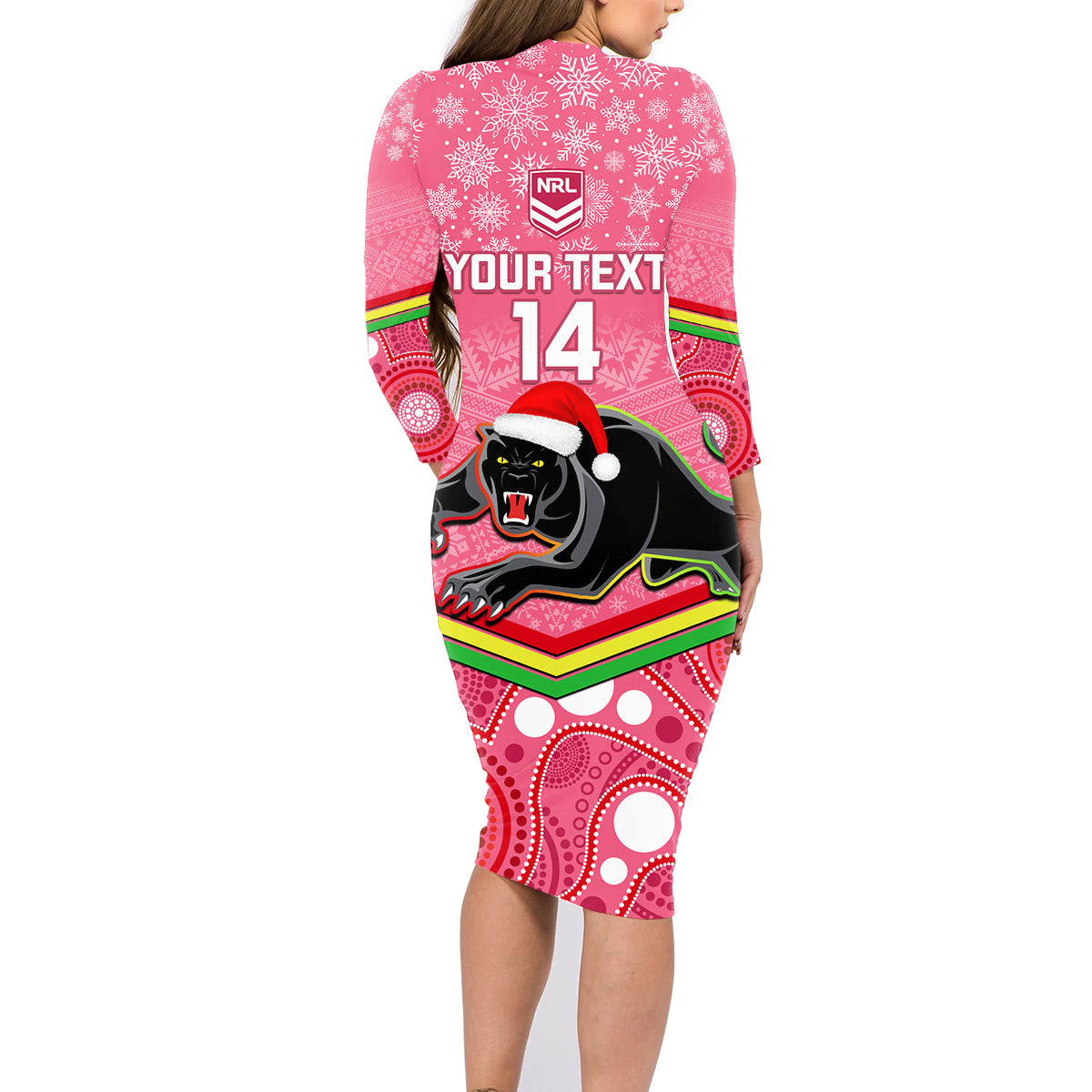 custom-panthers-rugby-christmas-family-matching-long-sleeve-bodycon-dress-and-hawaiian-shirt-merry-xmas-2023-mix-aboriginal-art-pink-version
