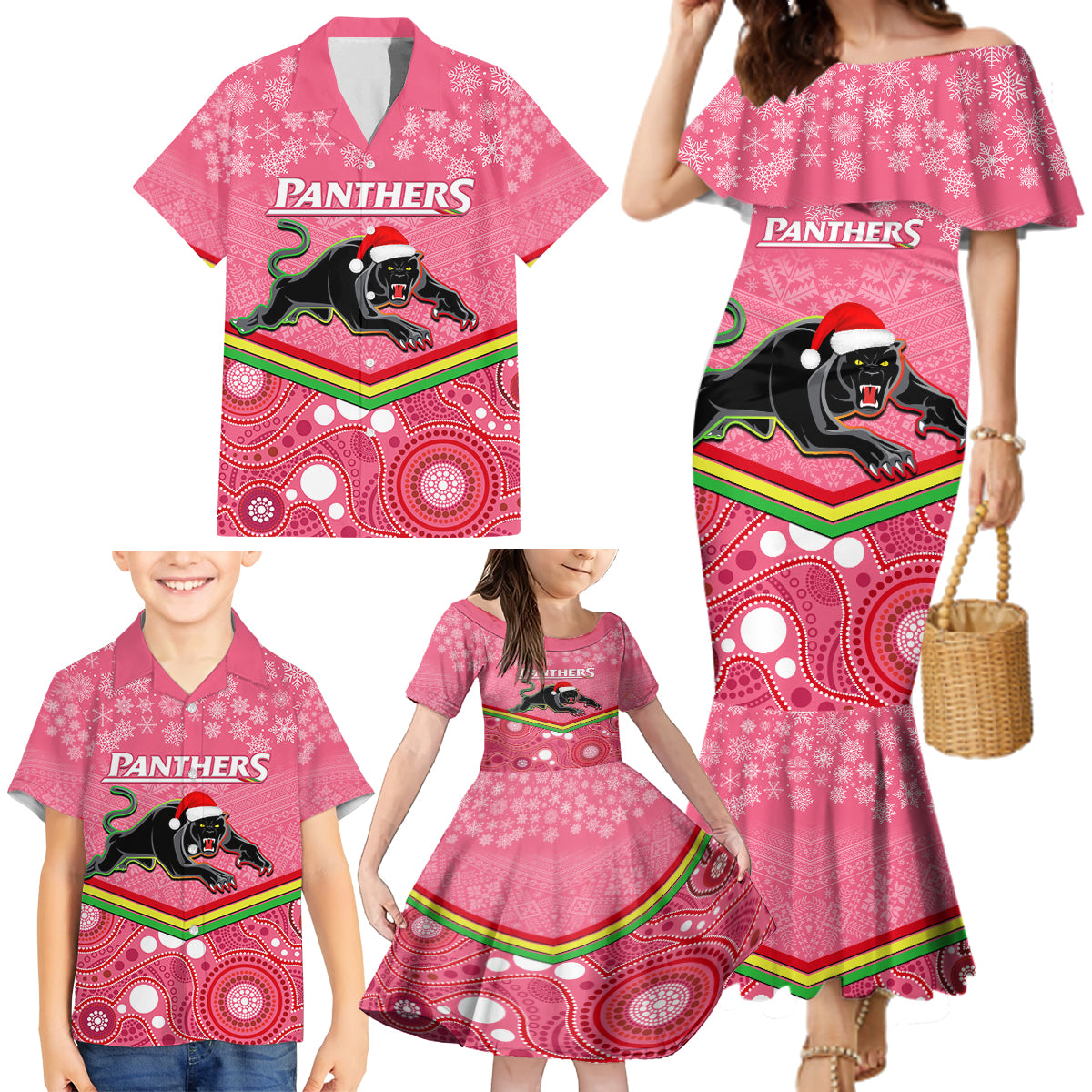custom-panthers-rugby-christmas-family-matching-mermaid-dress-and-hawaiian-shirt-merry-xmas-2023-mix-aboriginal-art-pink-version