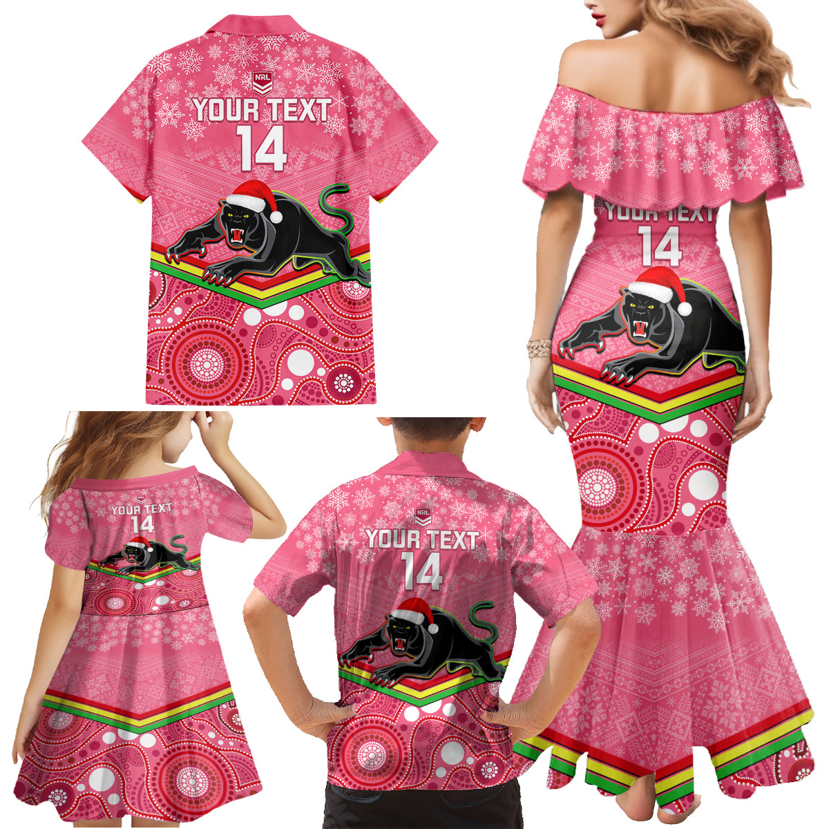 custom-panthers-rugby-christmas-family-matching-mermaid-dress-and-hawaiian-shirt-merry-xmas-2023-mix-aboriginal-art-pink-version
