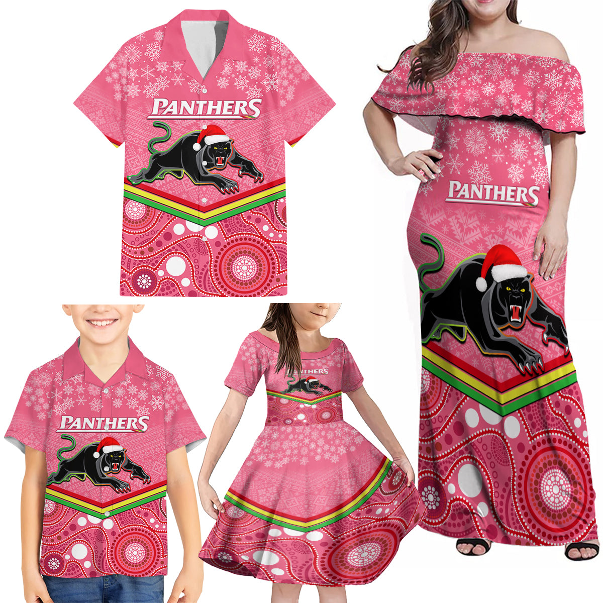 custom-panthers-rugby-christmas-family-matching-off-shoulder-maxi-dress-and-hawaiian-shirt-merry-xmas-2023-mix-aboriginal-art-pink-version