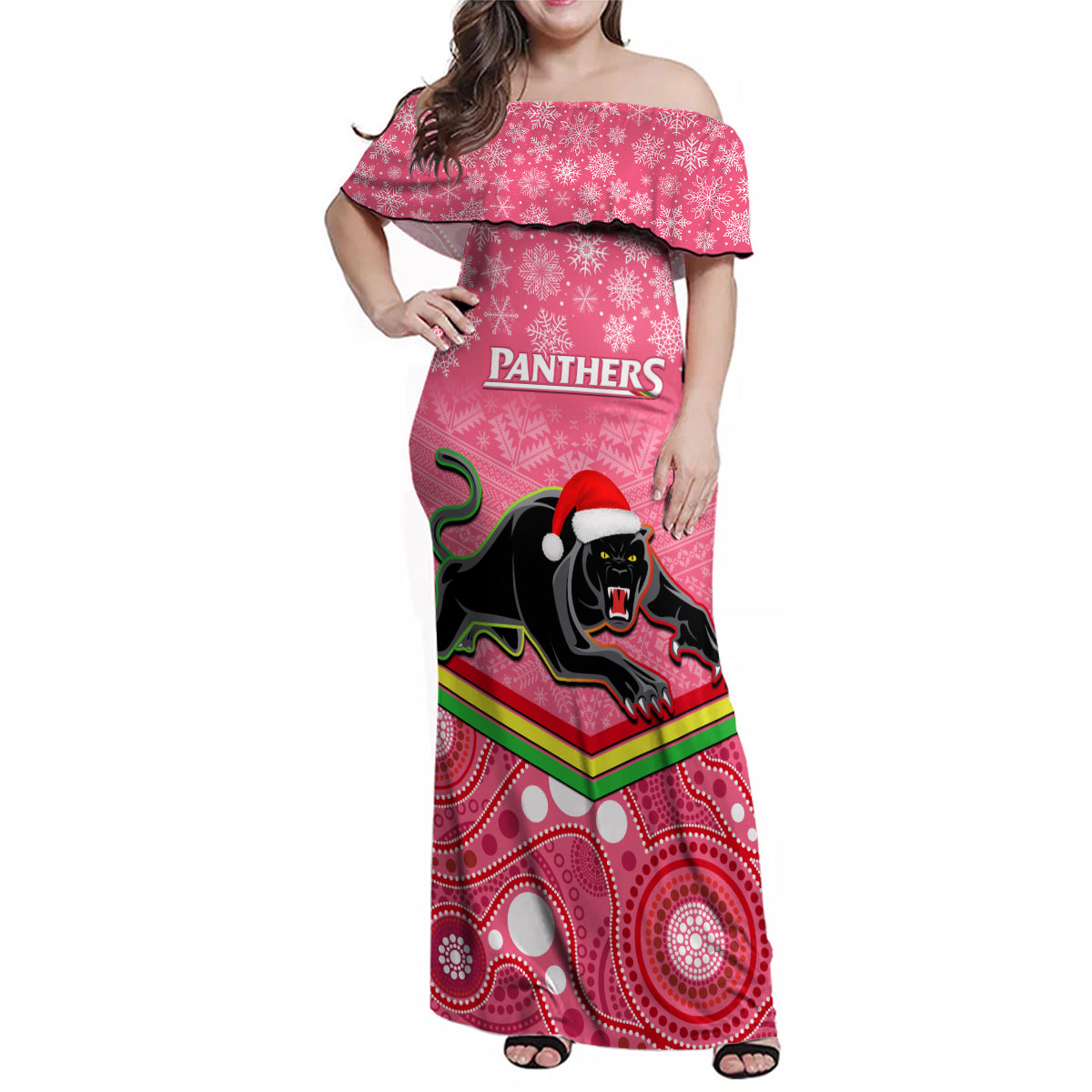 custom-panthers-rugby-christmas-family-matching-off-shoulder-maxi-dress-and-hawaiian-shirt-merry-xmas-2023-mix-aboriginal-art-pink-version