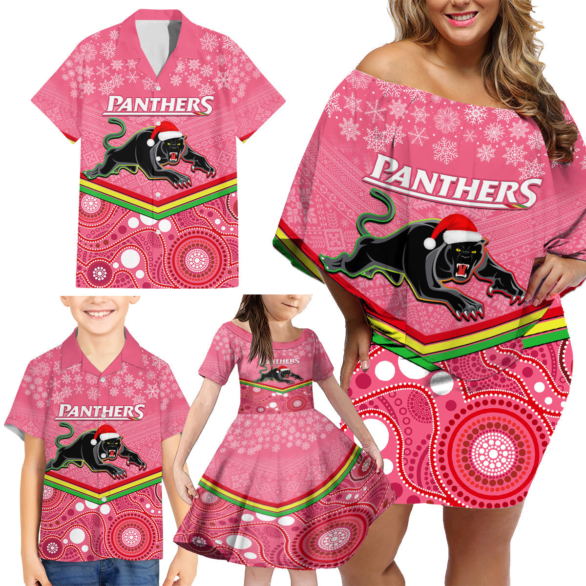 custom-panthers-rugby-christmas-family-matching-off-shoulder-short-dress-and-hawaiian-shirt-merry-xmas-2023-mix-aboriginal-art-pink-version