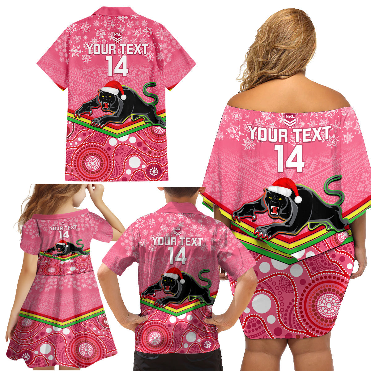 custom-panthers-rugby-christmas-family-matching-off-shoulder-short-dress-and-hawaiian-shirt-merry-xmas-2023-mix-aboriginal-art-pink-version