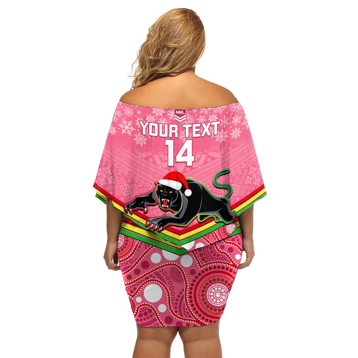custom-panthers-rugby-christmas-family-matching-off-shoulder-short-dress-and-hawaiian-shirt-merry-xmas-2023-mix-aboriginal-art-pink-version