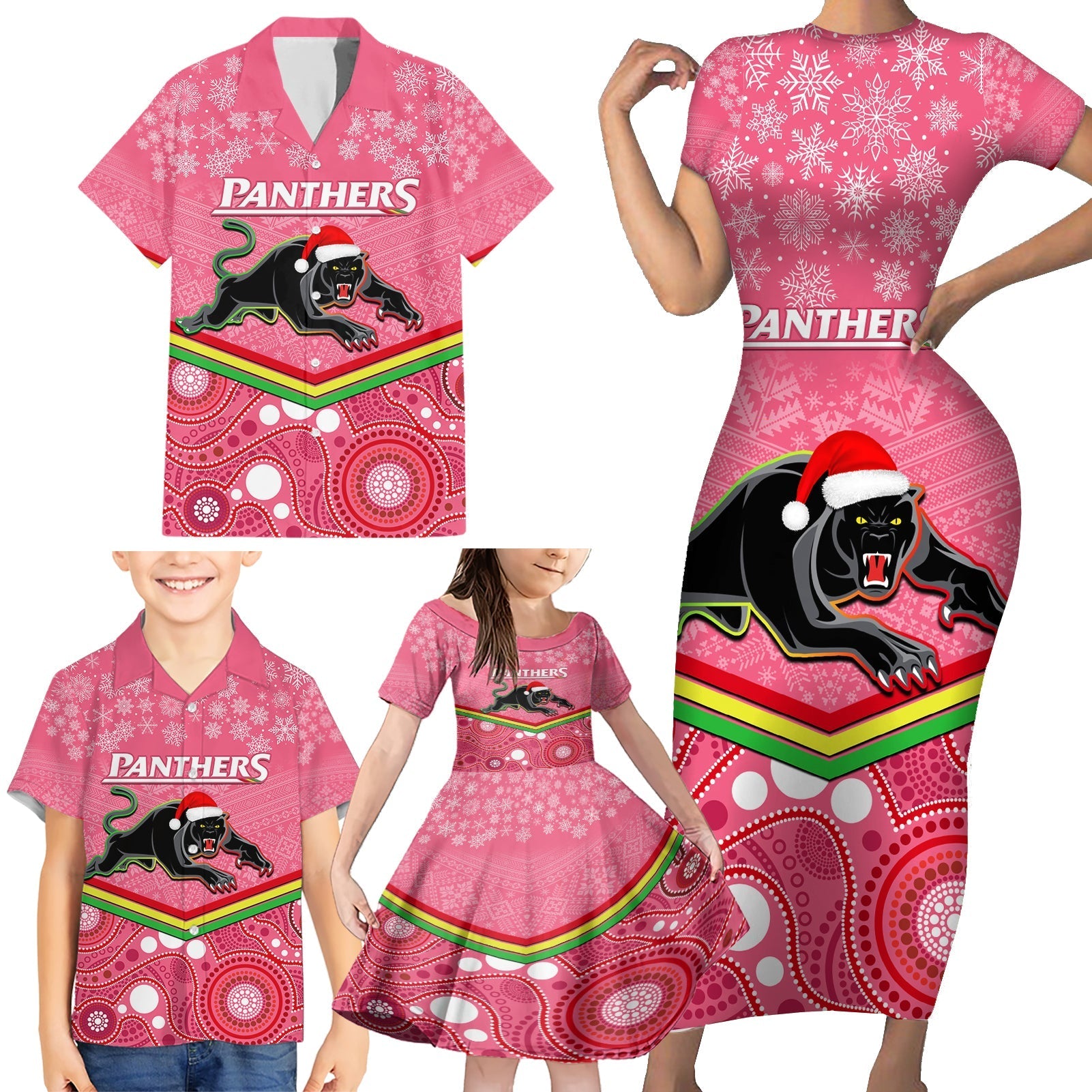 custom-panthers-rugby-christmas-family-matching-short-sleeve-bodycon-dress-and-hawaiian-shirt-merry-xmas-2023-mix-aboriginal-art-pink-version