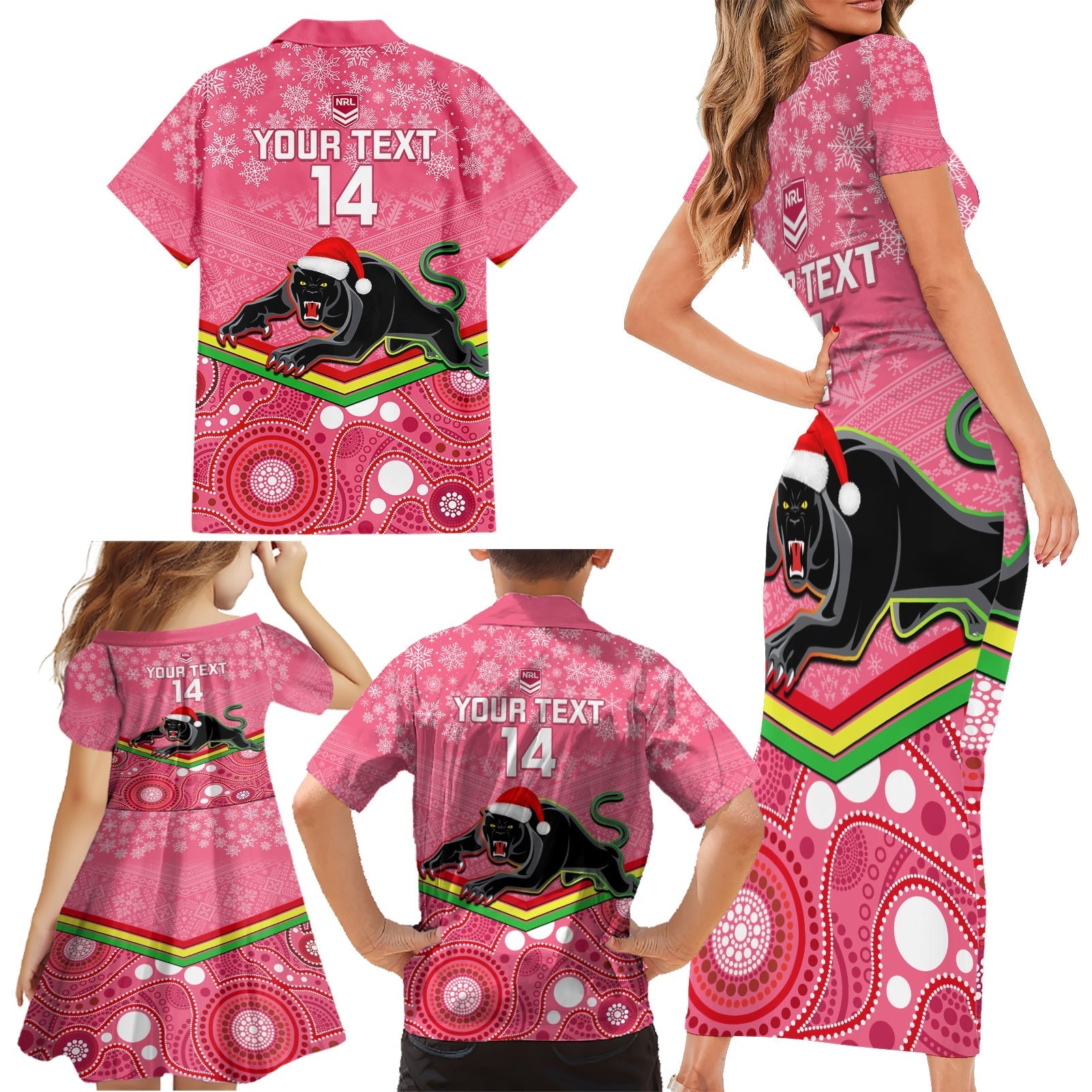 custom-panthers-rugby-christmas-family-matching-short-sleeve-bodycon-dress-and-hawaiian-shirt-merry-xmas-2023-mix-aboriginal-art-pink-version