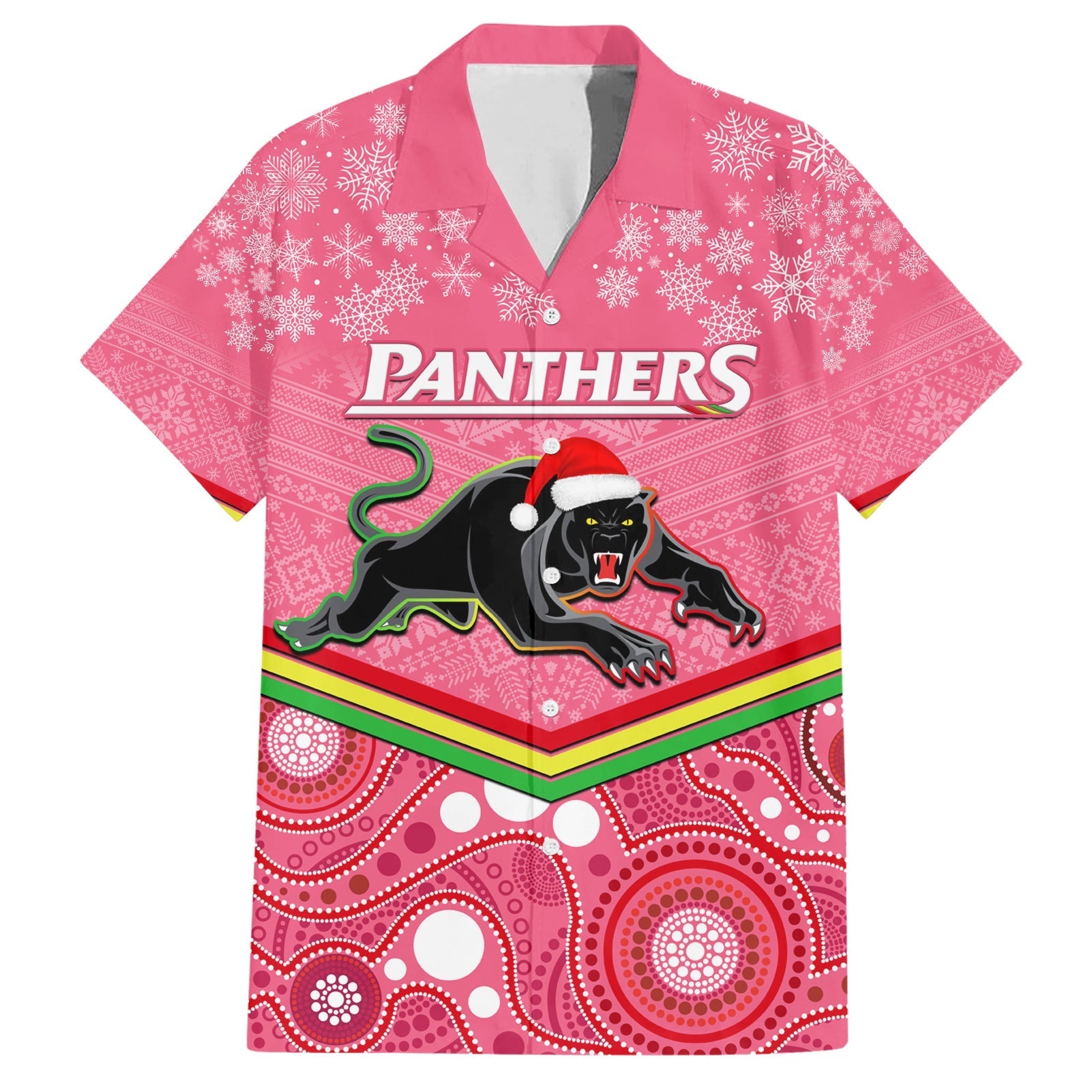 custom-panthers-rugby-christmas-family-matching-short-sleeve-bodycon-dress-and-hawaiian-shirt-merry-xmas-2023-mix-aboriginal-art-pink-version