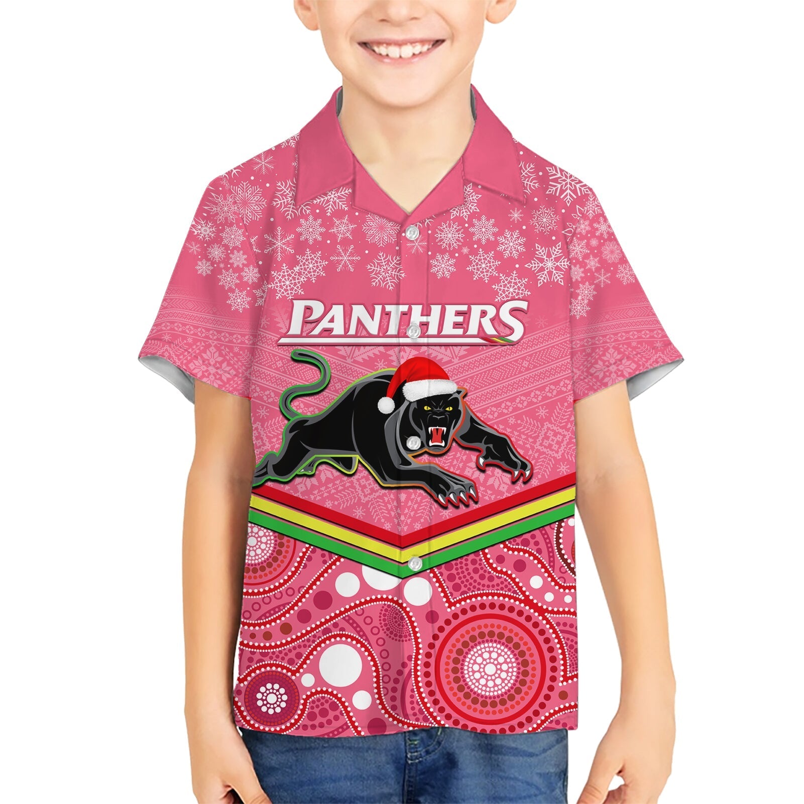 custom-panthers-rugby-christmas-family-matching-short-sleeve-bodycon-dress-and-hawaiian-shirt-merry-xmas-2023-mix-aboriginal-art-pink-version