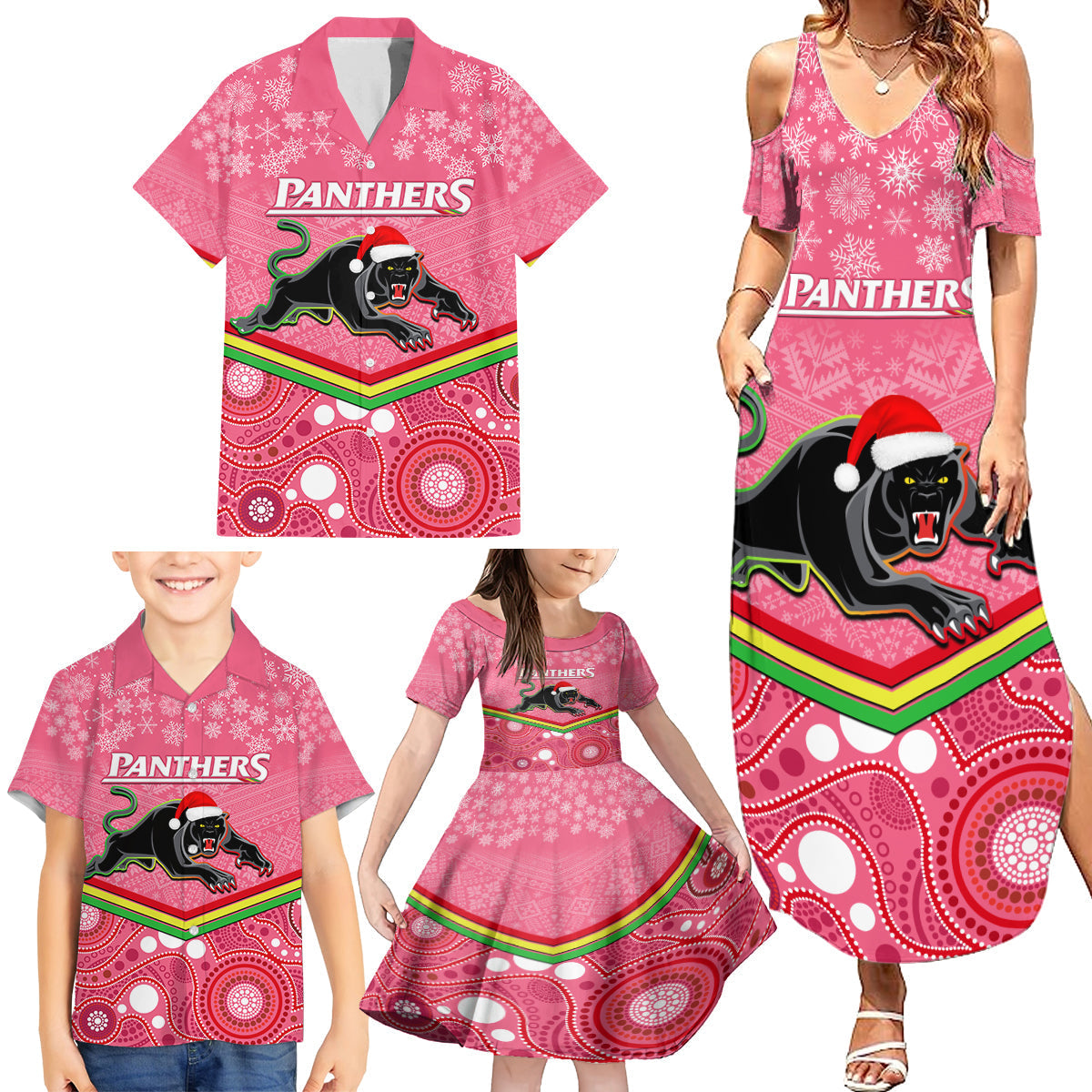 custom-panthers-rugby-christmas-family-matching-summer-maxi-dress-and-hawaiian-shirt-merry-xmas-2023-mix-aboriginal-art-pink-version