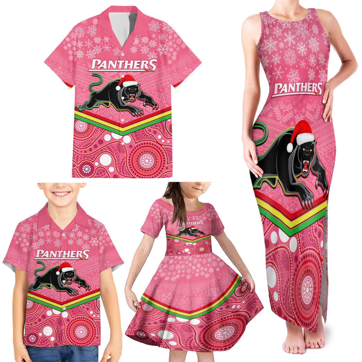 custom-panthers-rugby-christmas-family-matching-tank-maxi-dress-and-hawaiian-shirt-merry-xmas-2023-mix-aboriginal-art-pink-version