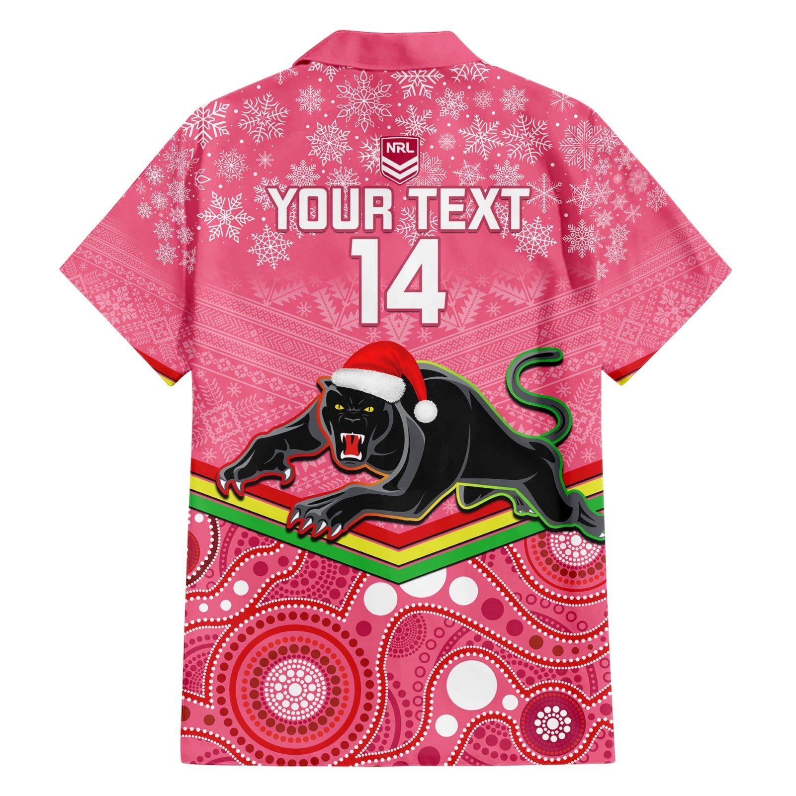 Custom Panthers Rugby Christmas Hawaiian Shirt Merry Xmas 2023 Mix Aboriginal Art Pink Version - Vibe Hoodie Shop