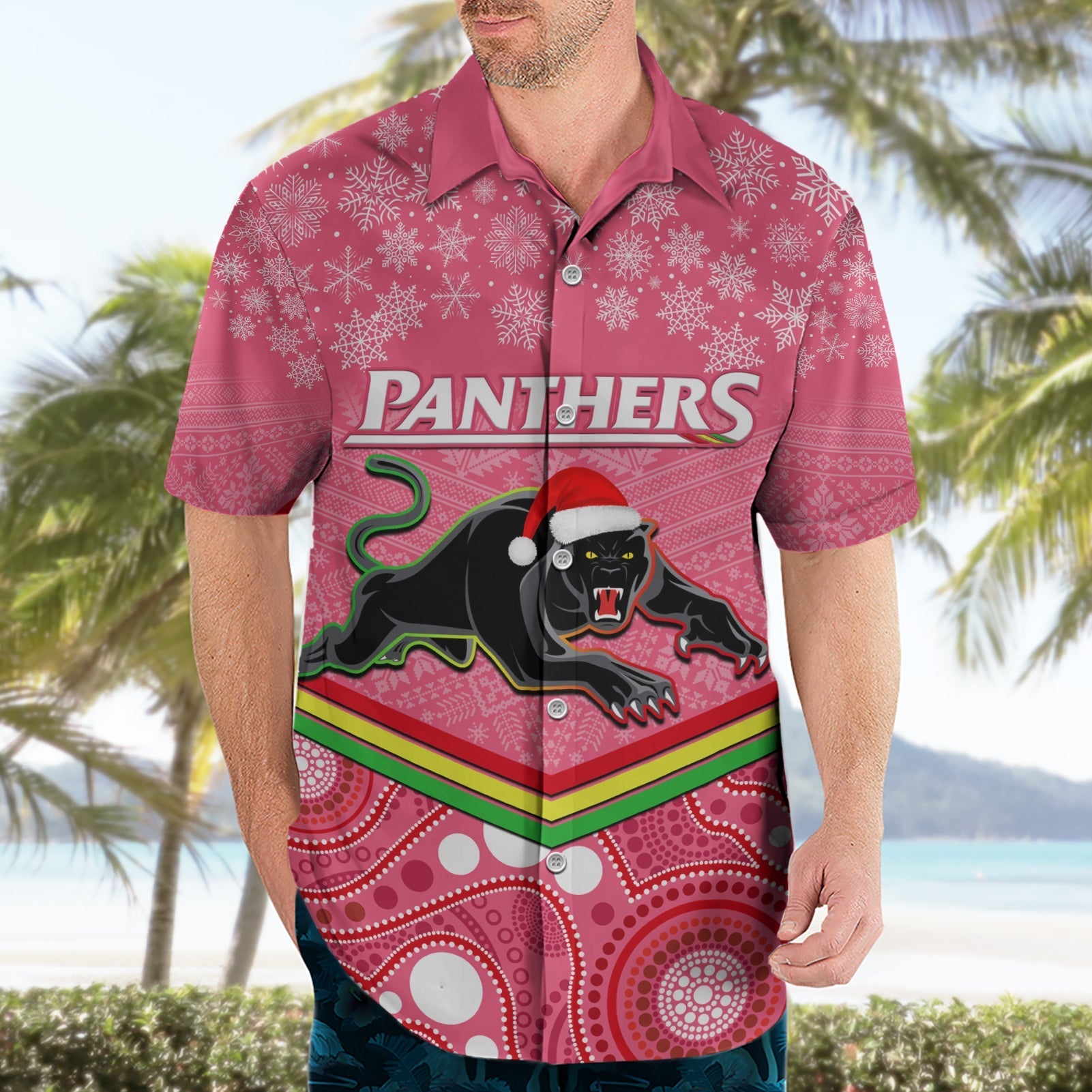 Custom Panthers Rugby Christmas Hawaiian Shirt Merry Xmas 2023 Mix Aboriginal Art Pink Version - Vibe Hoodie Shop