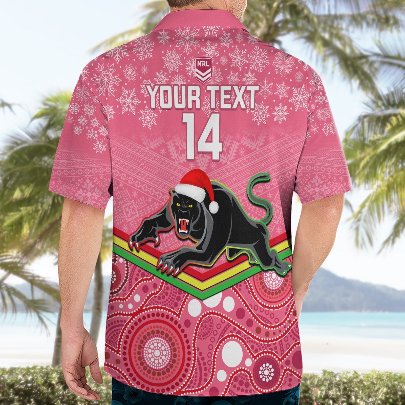 Custom Panthers Rugby Christmas Hawaiian Shirt Merry Xmas 2023 Mix Aboriginal Art Pink Version - Vibe Hoodie Shop