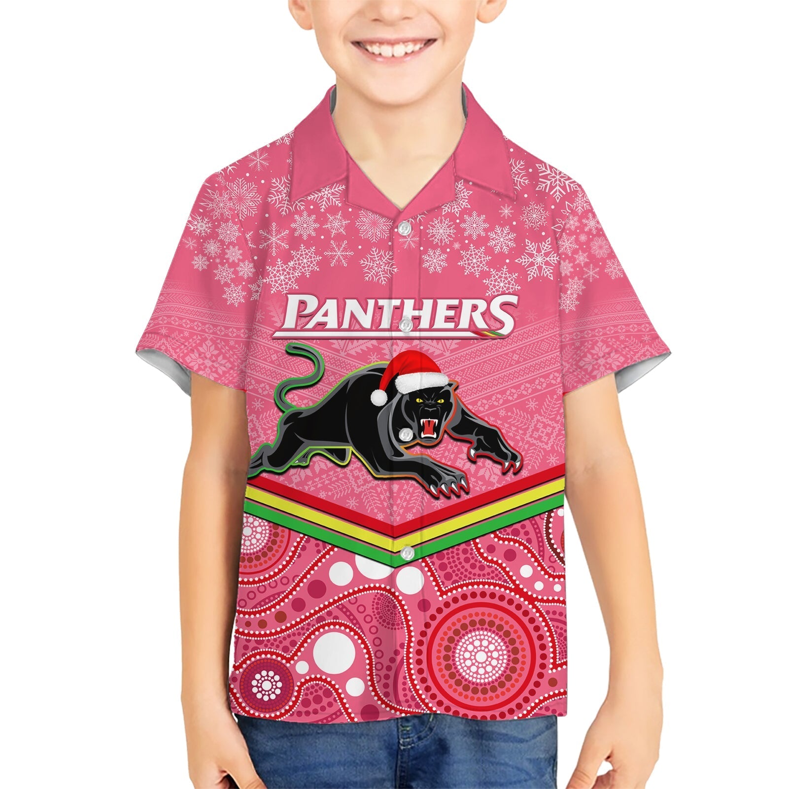 Custom Panthers Rugby Christmas Hawaiian Shirt Merry Xmas 2023 Mix Aboriginal Art Pink Version - Vibe Hoodie Shop