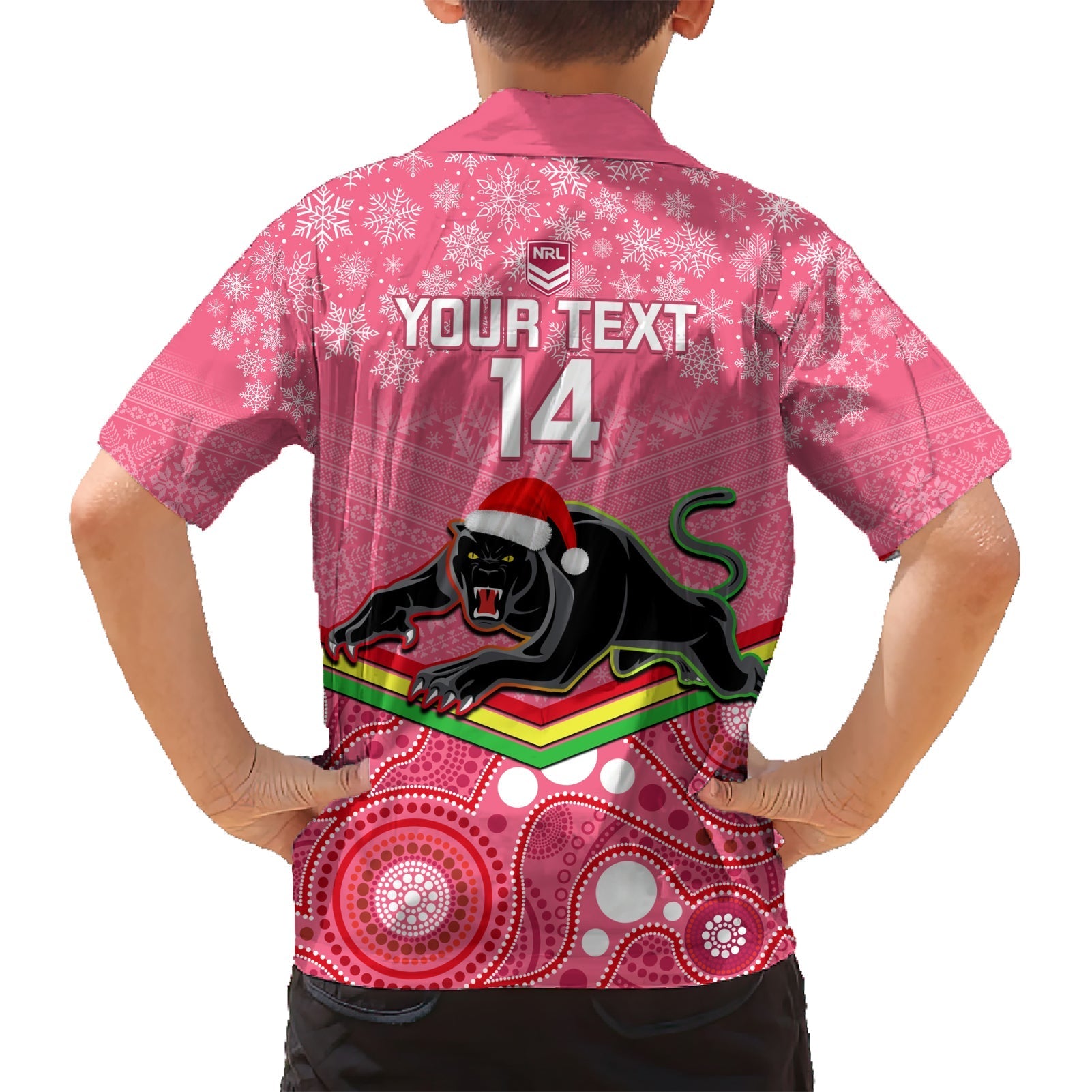 Custom Panthers Rugby Christmas Hawaiian Shirt Merry Xmas 2023 Mix Aboriginal Art Pink Version - Vibe Hoodie Shop