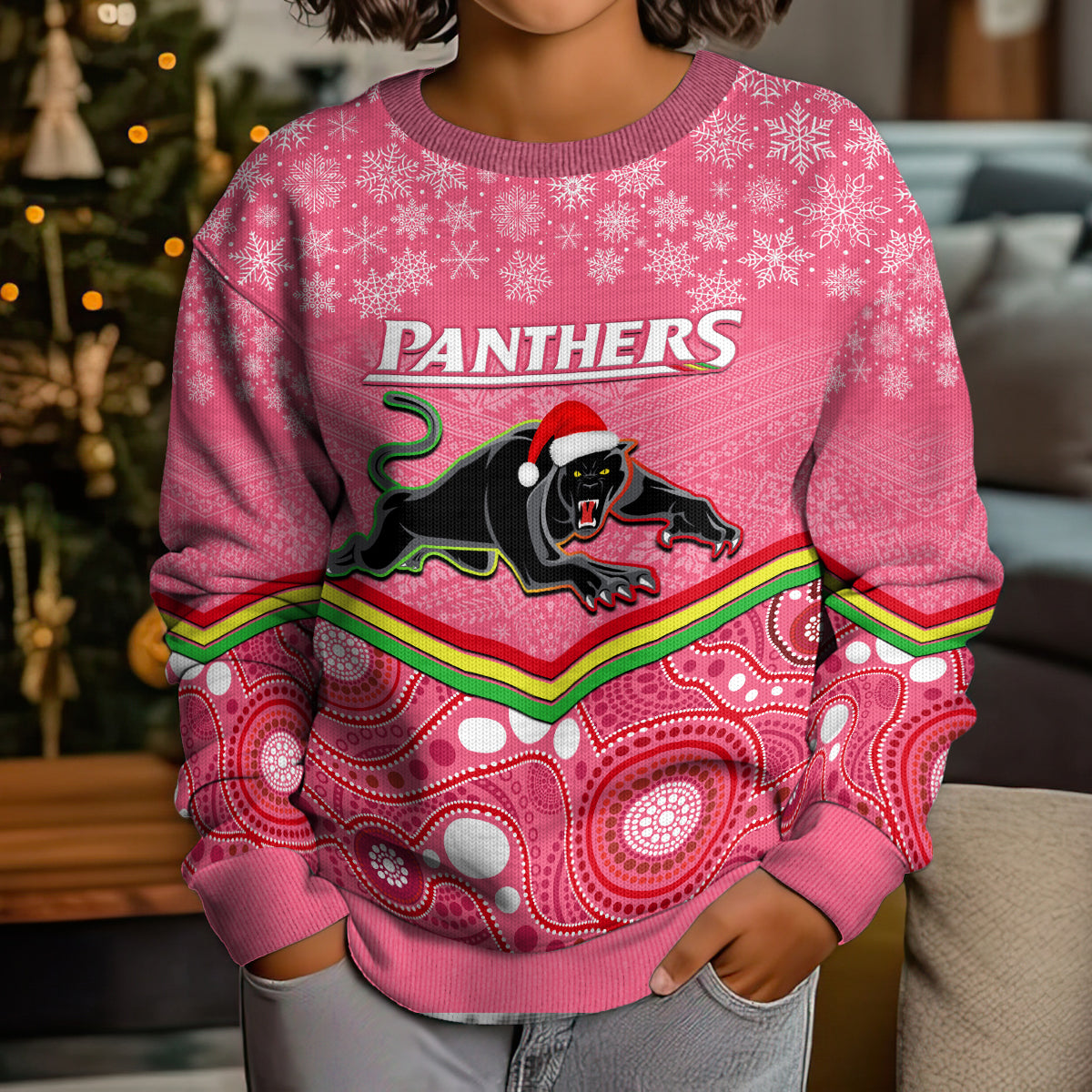 custom-panthers-rugby-christmas-kid-ugly-christmas-sweater-merry-xmas-2023-mix-aboriginal-art-pink-version
