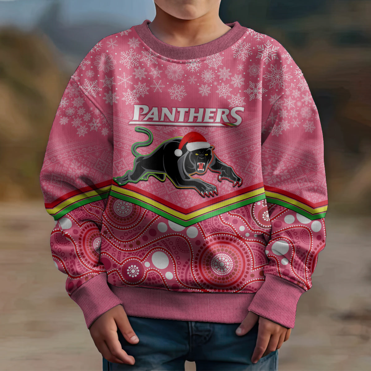 custom-panthers-rugby-christmas-kid-ugly-christmas-sweater-merry-xmas-2023-mix-aboriginal-art-pink-version