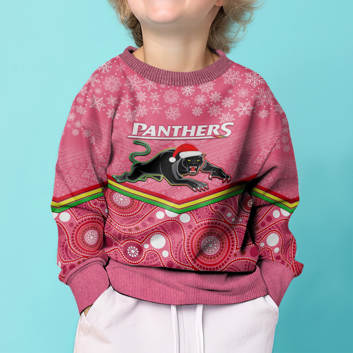 custom-panthers-rugby-christmas-kid-ugly-christmas-sweater-merry-xmas-2023-mix-aboriginal-art-pink-version