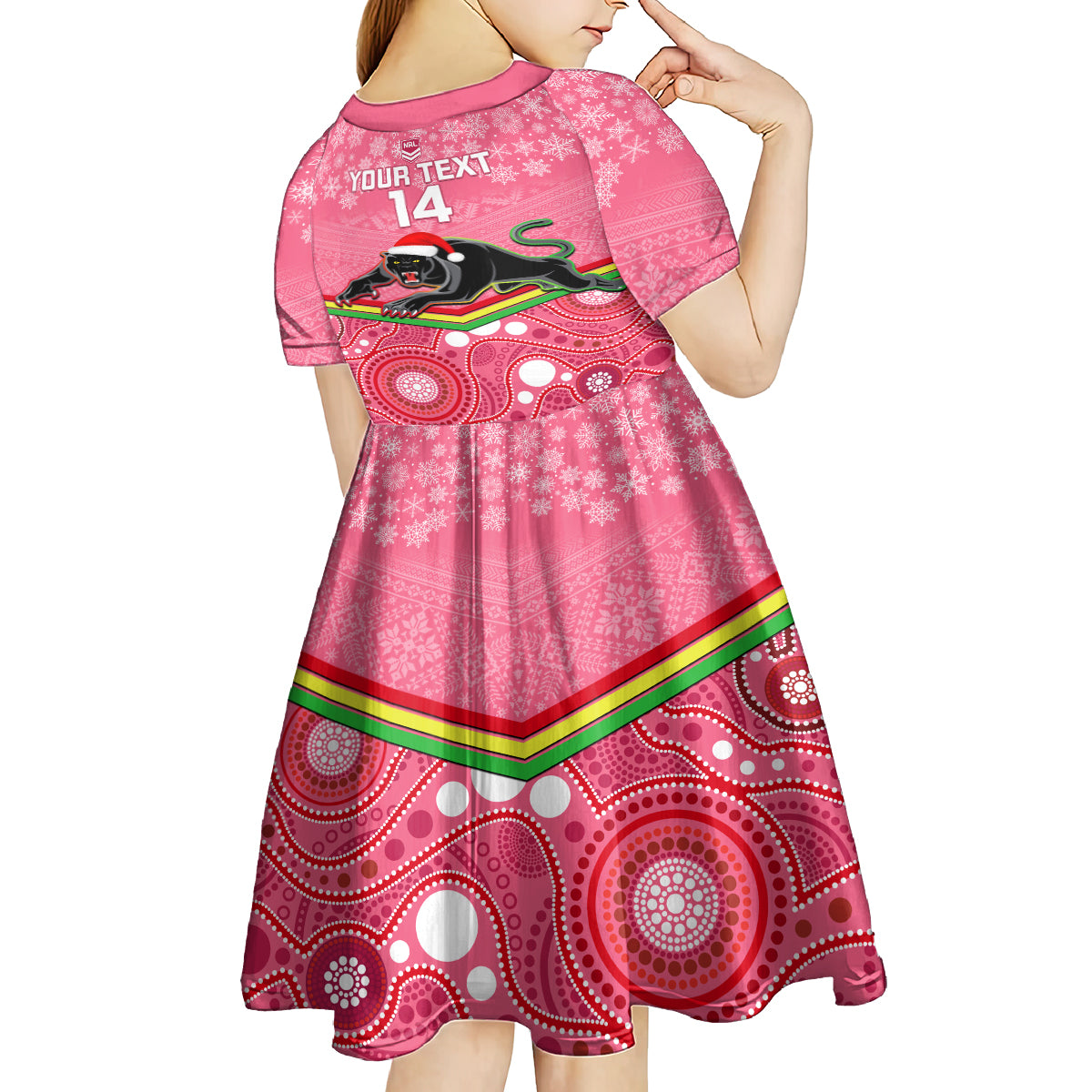 Custom Panthers Rugby Christmas Kid Short Sleeve Dress Merry Xmas 2023 Mix Aboriginal Art Pink Version - Vibe Hoodie Shop