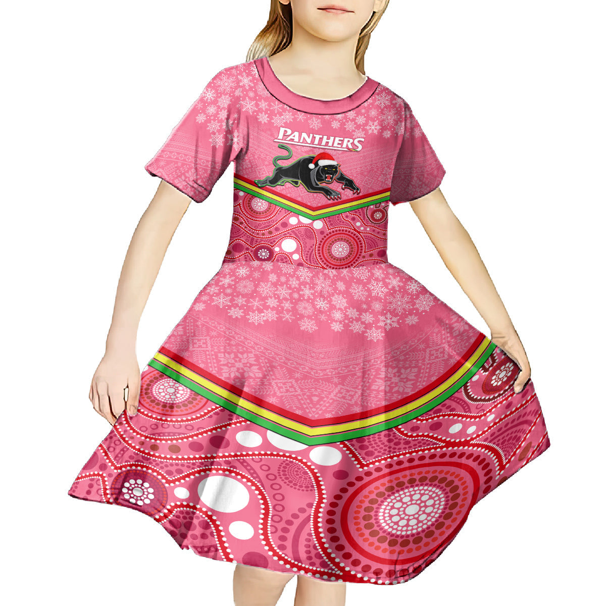 Custom Panthers Rugby Christmas Kid Short Sleeve Dress Merry Xmas 2023 Mix Aboriginal Art Pink Version - Vibe Hoodie Shop