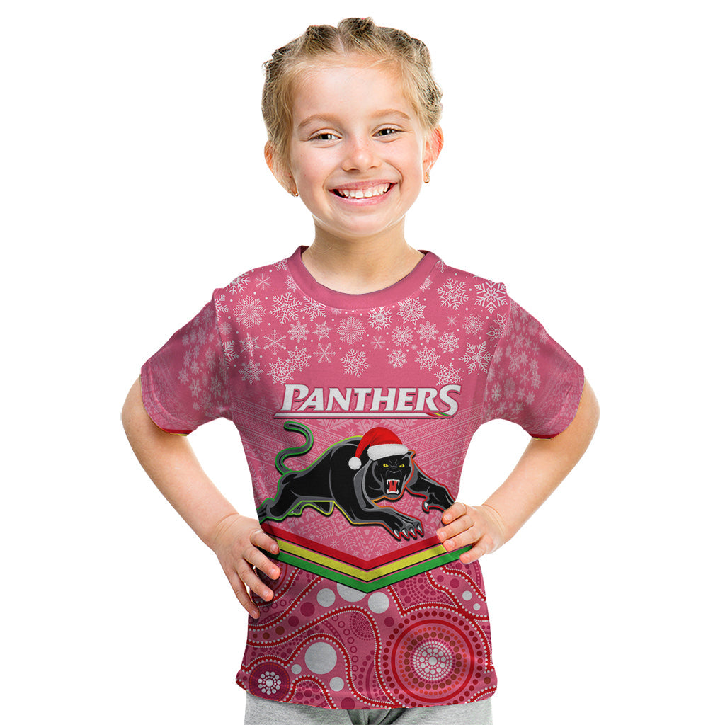 Custom Panthers Rugby Christmas Kid T Shirt Merry Xmas 2023 Mix Aboriginal Art Pink Version - Vibe Hoodie Shop