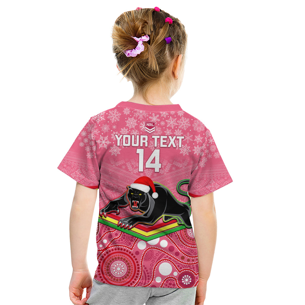 Custom Panthers Rugby Christmas Kid T Shirt Merry Xmas 2023 Mix Aboriginal Art Pink Version - Vibe Hoodie Shop