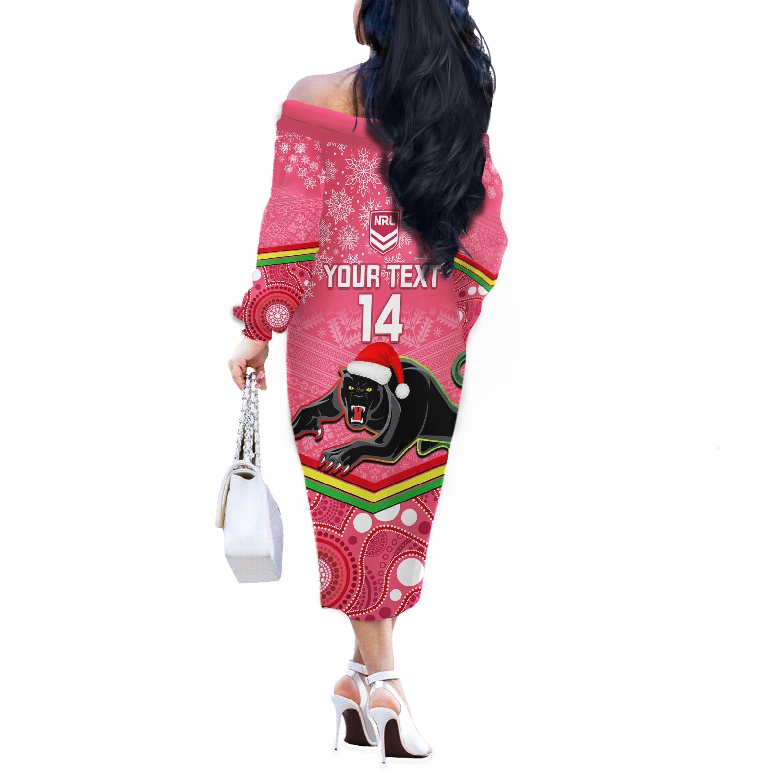 custom-panthers-rugby-christmas-off-the-shoulder-long-sleeve-dress-merry-xmas-2023-mix-aboriginal-art-pink-version