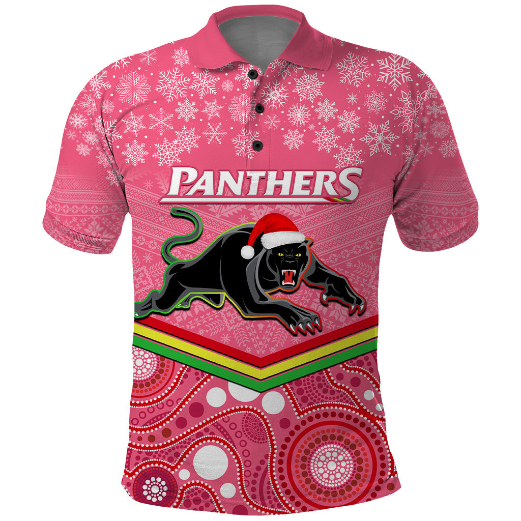 Custom Panthers Rugby Christmas Polo Shirt Merry Xmas 2023 Mix Aboriginal Art Pink Version - Vibe Hoodie Shop