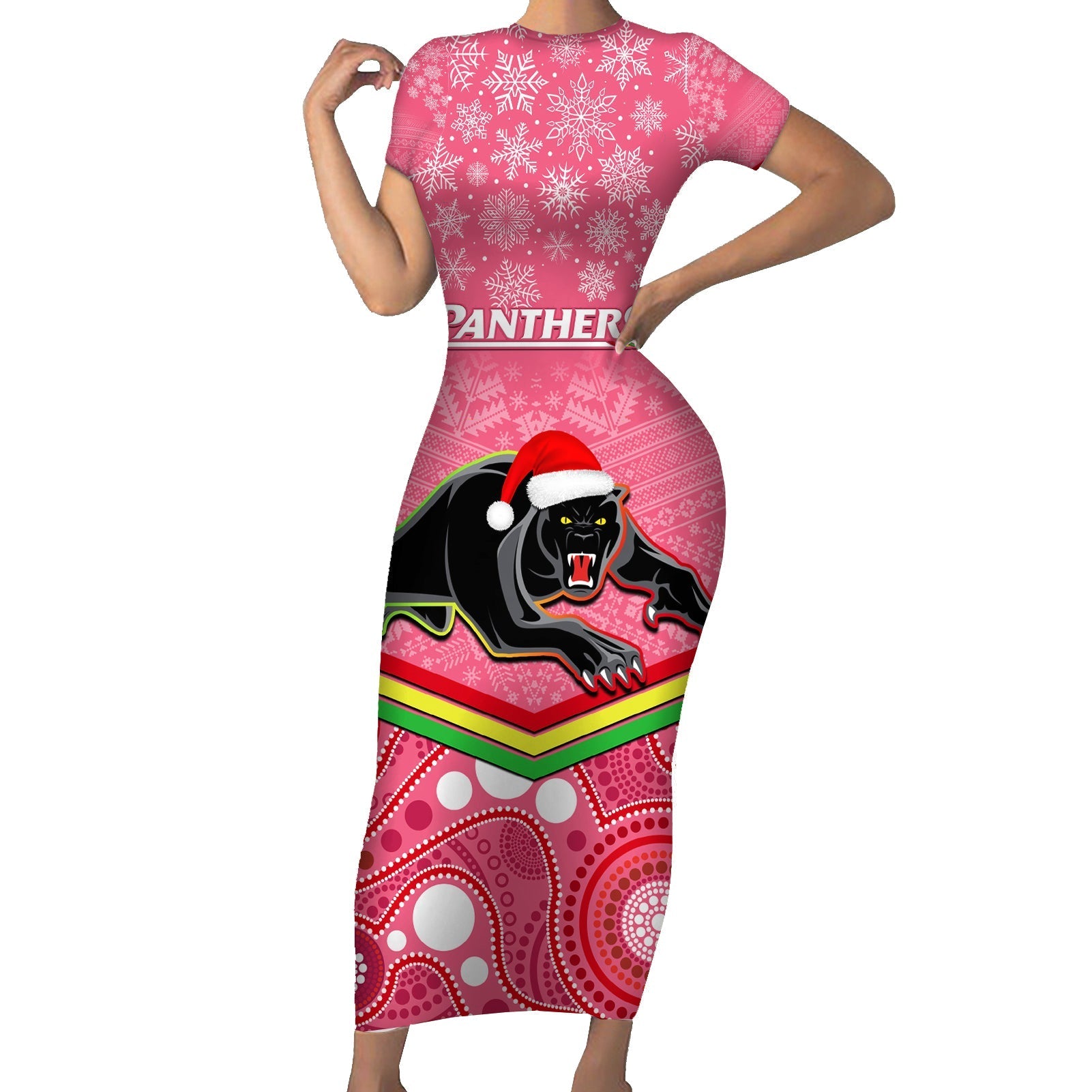 custom-panthers-rugby-christmas-short-sleeve-bodycon-dress-merry-xmas-2023-mix-aboriginal-art-pink-version