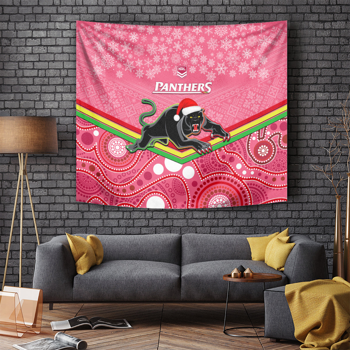 Panthers Rugby Christmas Tapestry Merry Xmas 2023 Mix Aboriginal Art Pink Version - Vibe Hoodie Shop