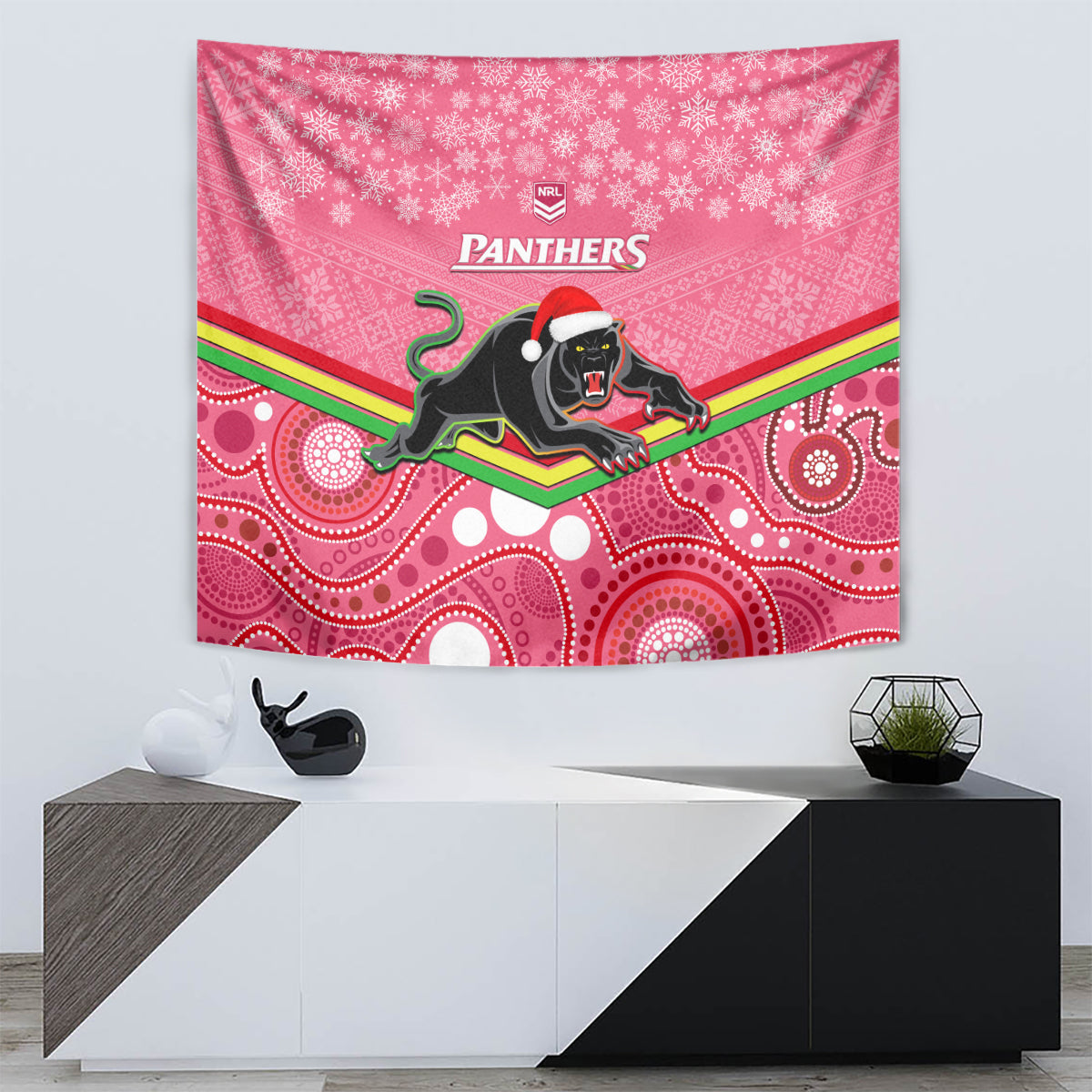 Panthers Rugby Christmas Tapestry Merry Xmas 2023 Mix Aboriginal Art Pink Version - Vibe Hoodie Shop