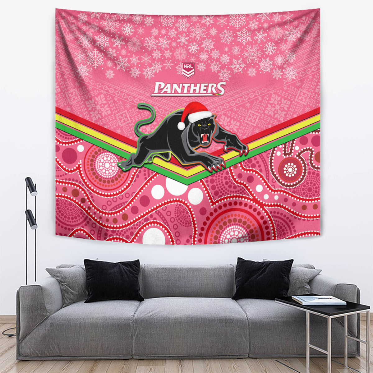 Panthers Rugby Christmas Tapestry Merry Xmas 2023 Mix Aboriginal Art Pink Version - Vibe Hoodie Shop